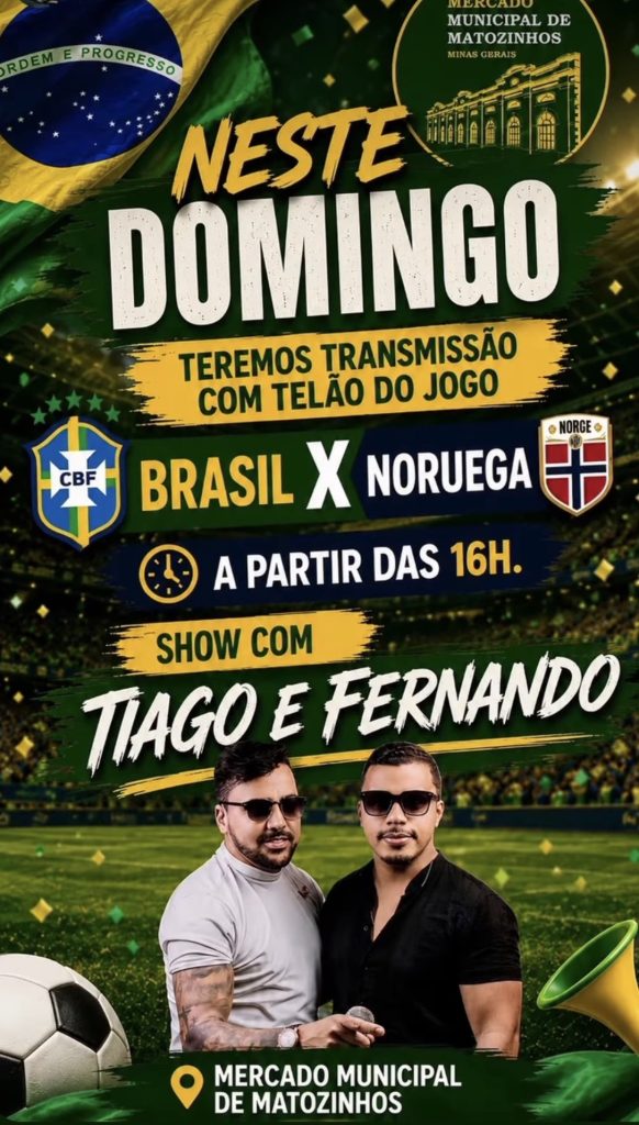 Mercado Municipal de Matozinhos terá telão para Brasil x Noruega e show ao vivo neste domingo