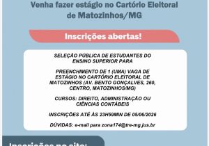 Cartório Eleitoral de Matozinhos abre vaga de estágio para universitários